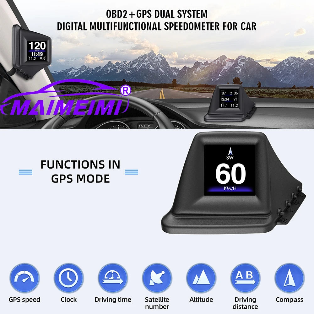 OBD2+GPS Multi-function HUD Gadget On-board Computer A-pillar Trim Install RPM Turbo Oil Pressure Water Temp GPS Speedometer