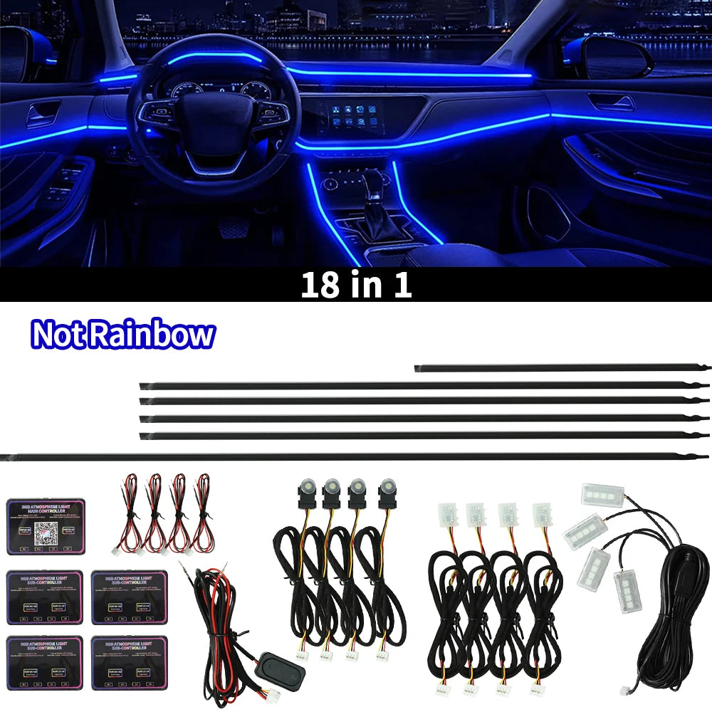 18 in 1 Car RGB Ambient Light Kit 64 Color Music APP Dynamic Streamer LED Interior Hidden Acrylic Neon Strip Car Interior Light