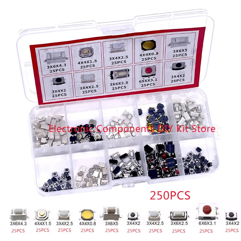 100/200/250pcs 10 Types Durable Car Remote Control Tablet Actile Push Button Switch Car Keys Button Touch Microswitch with Box