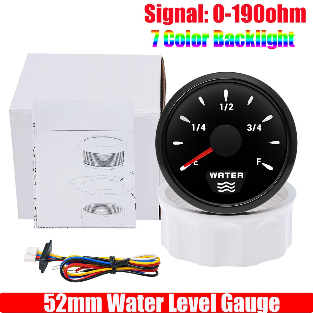 7 Color Backlight 52mm Water Level Gauge 0-190 Ohm Water Level Sensor Waterproof Water Tank Meter Indicator for Boat Car 12V 24V