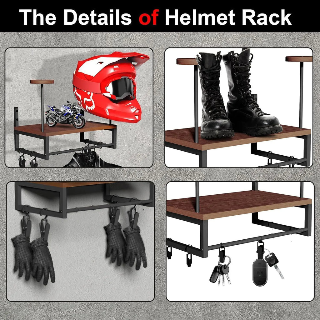 Wooden Motorcycle Helmet Wall Mount With Hooks Multipurpose Shelf Jacket Holders Kitchen Cabinet Shelf Helmet Display Stand