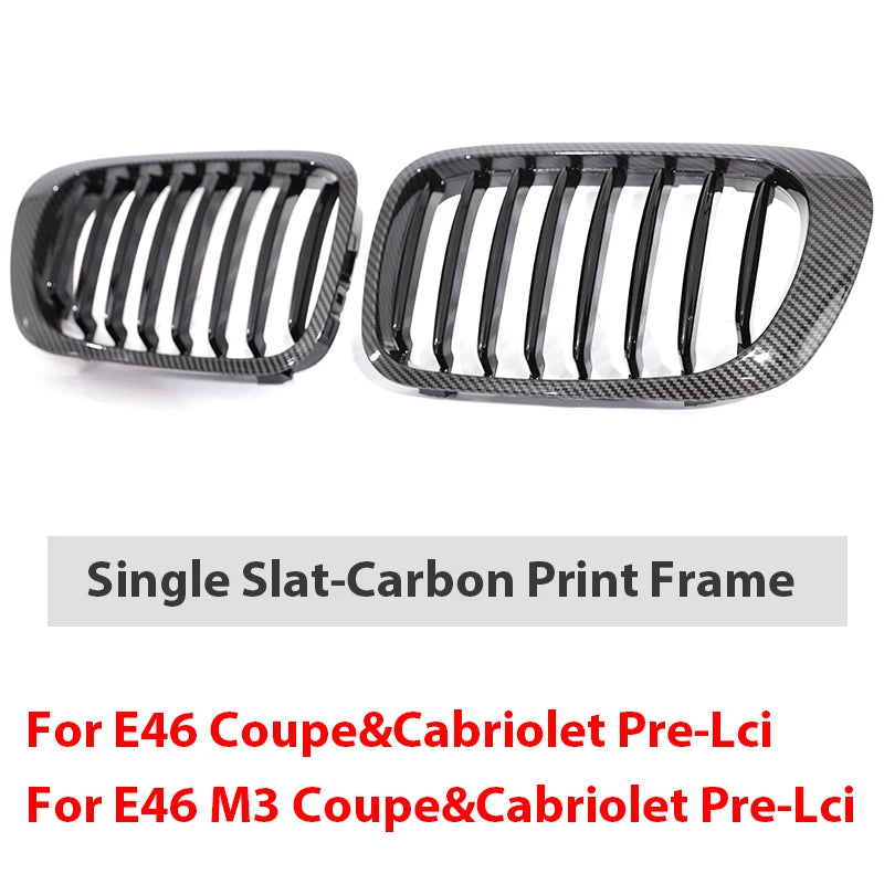 Single Slat Grill Kidney Carbon Chrome Grille For 3 Series E46 2-Door 1998-2002 Pre-Facelift & 2000-2007 E46 M3 Coupe Cabriolet
