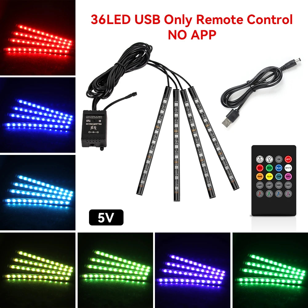 Neon 36 48 72 LED Car Interior Ambient Foot Light Kit Backlight Remote App Music Control Auto RGB Atmosphere Decorative Lamp