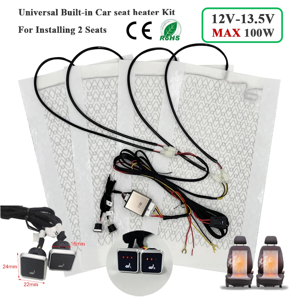 Universal Max 100W  Built-in Car Seat Heater Kit  Fit 2 Seats with 12V Carbon Fiber Heating Pads 3 Levels Control Switch System
