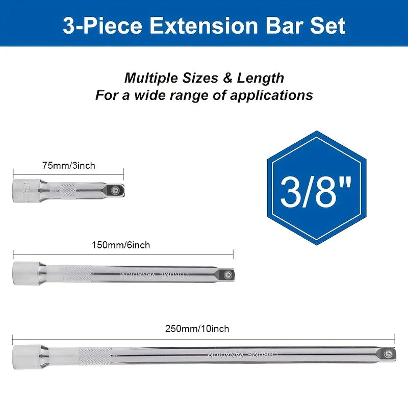 1/4" 3/8" 1/2" Drive Extension Set Socket Ratchet Wrench Extension Bar,50/100/150/250mm Ratchet Wrench Socket Extender Hand Tool