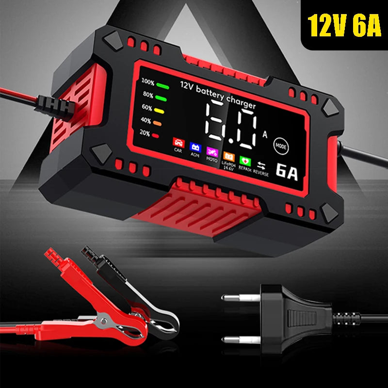 12V 6A Car Motorcycles Smart Battery Charger For Lifepo4 Lead Acid AGM GEL PB 14.6V 6A Battery Repair Digital Display EU Charger