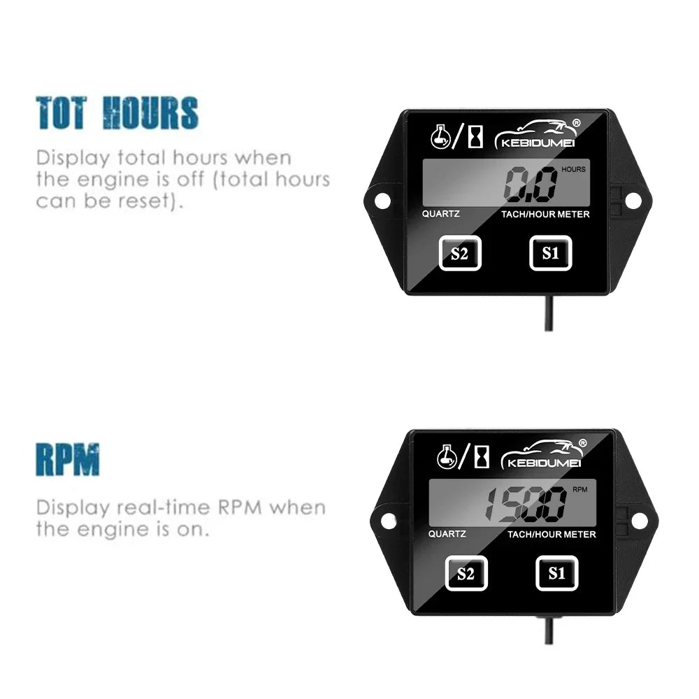 Kebidumei Motorcycle Tachometer IP65 Waterproof 0-20000 RPM Speed Gause Engine  LCD Display Working Time Meter Tach Hour Meter
