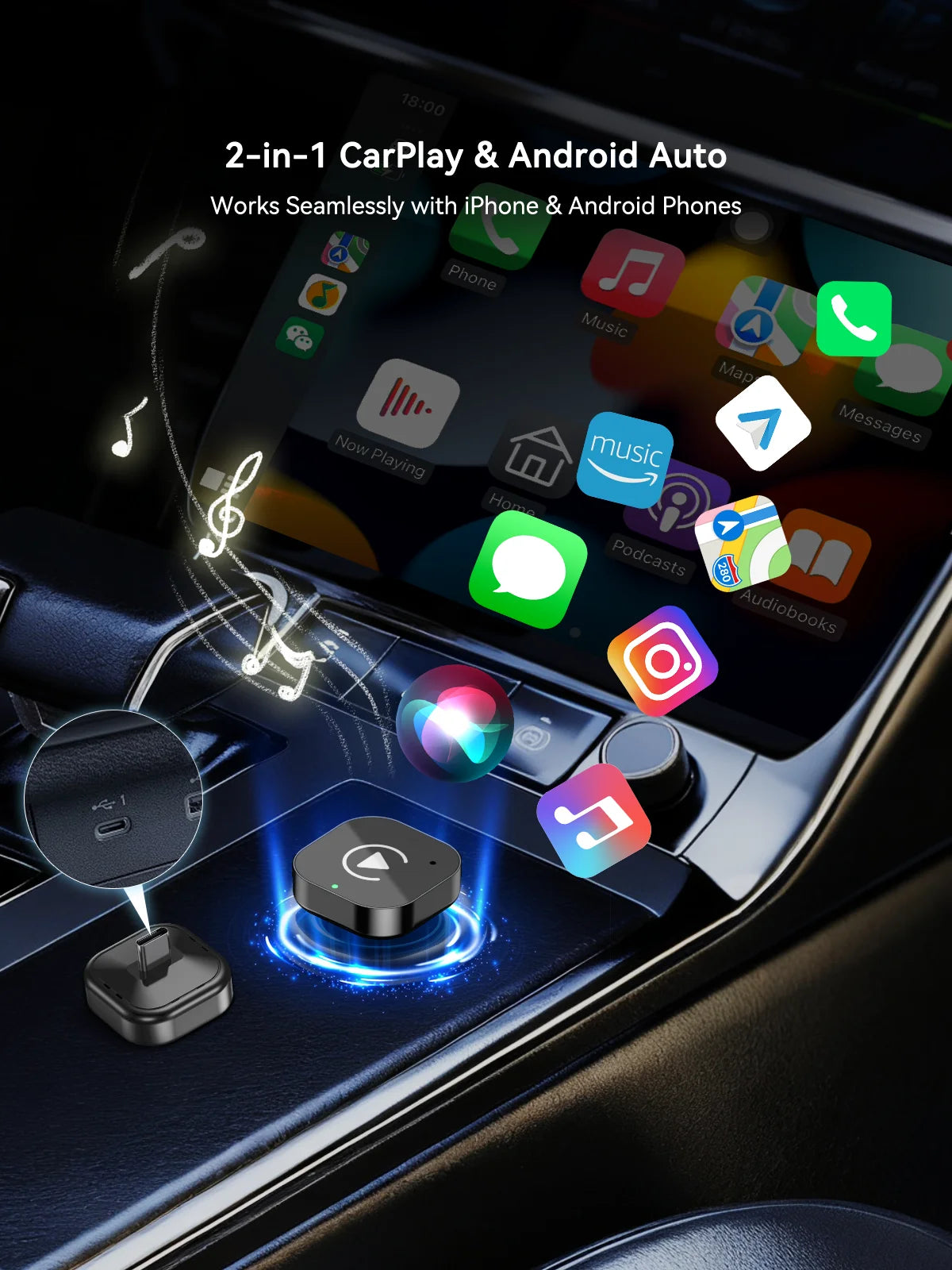 （Type-C）2 in 1 carplay Dongle,Wireless CarPlay Apapter USB C / Android Auto USB C For Converts Wired to Wireless Plug & Play