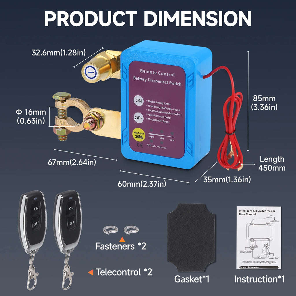 Car Kill Switch Anti-Theft Remote Battery Disconnect Switch 12v 240A with Smart Voltage for Car Truck RV For Car Truck RV 1 Set