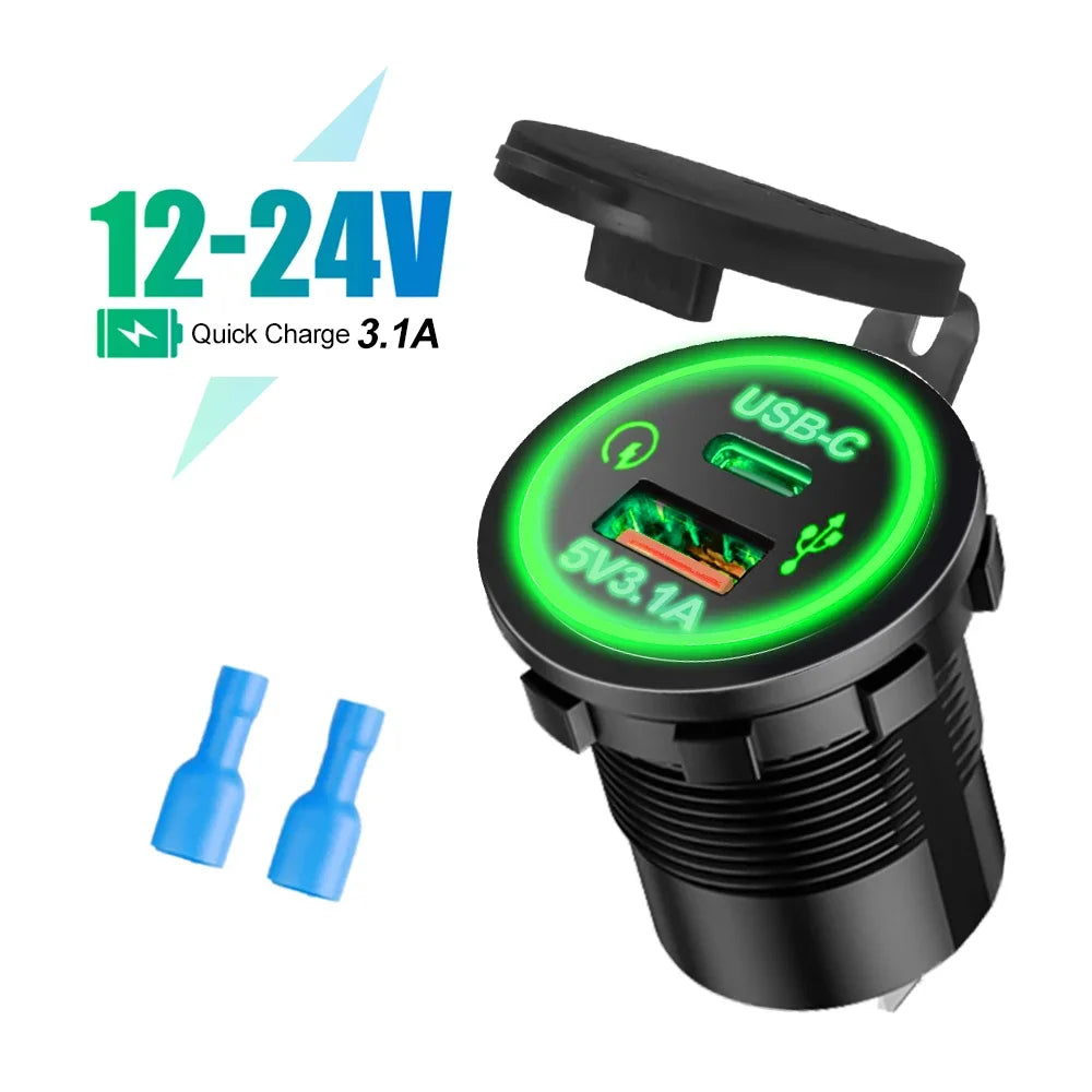 Universal Motorcycle Car Charger LED Light USB TYPE-C Charger Power Socket Cigarette Waterproof Light for Auto Truck ATV Boat