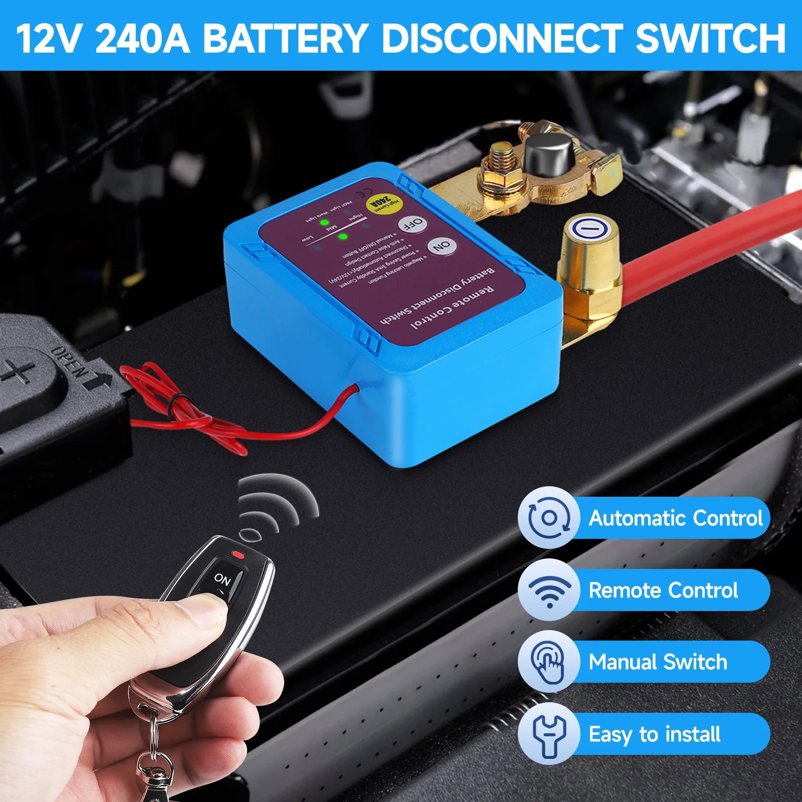 Car Kill Switch Anti-Theft Remote Battery Disconnect Switch 12v 240A with Smart Voltage for Car Truck RV For Car Truck RV 1 Set