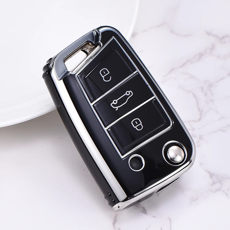 Kuvi TPU Car Flip Key Case Cover Shell Fob For VW Volkswagen Golf 7 MK7 Tiguan MK2 SEAT Ateca Leon FR 2 Ibiza Skoda Octavia A7