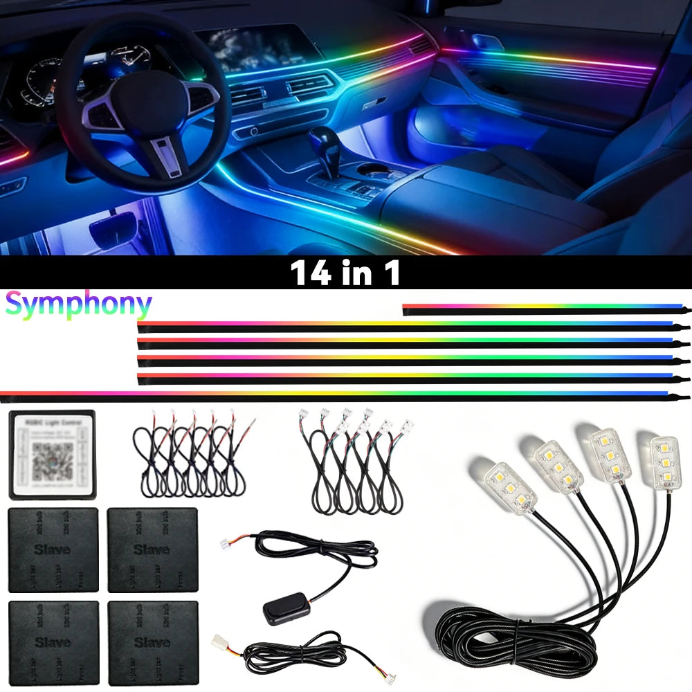 18 in 1 Car RGB Ambient Light Kit 64 Color Music APP Dynamic Streamer LED Interior Hidden Acrylic Neon Strip Car Interior Light