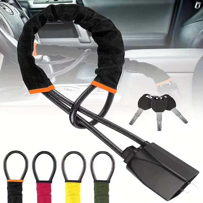 Universal anti-theft device for car steering wheel lock, safety belt buckle lock, steel cable lock, steel wire rope lock, car mo