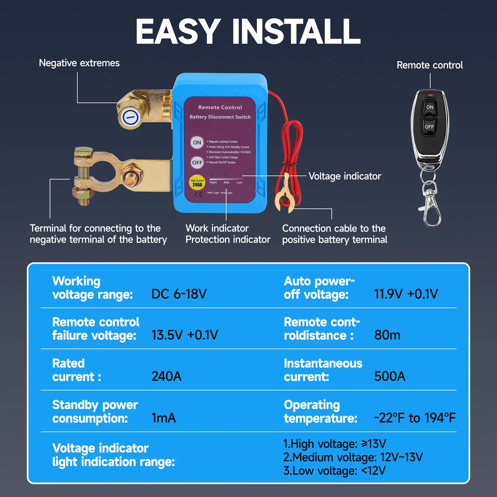 Car Kill Switch Anti-Theft Remote Battery Disconnect Switch 12v 240A with Smart Voltage for Car Truck RV For Car Truck RV 1 Set