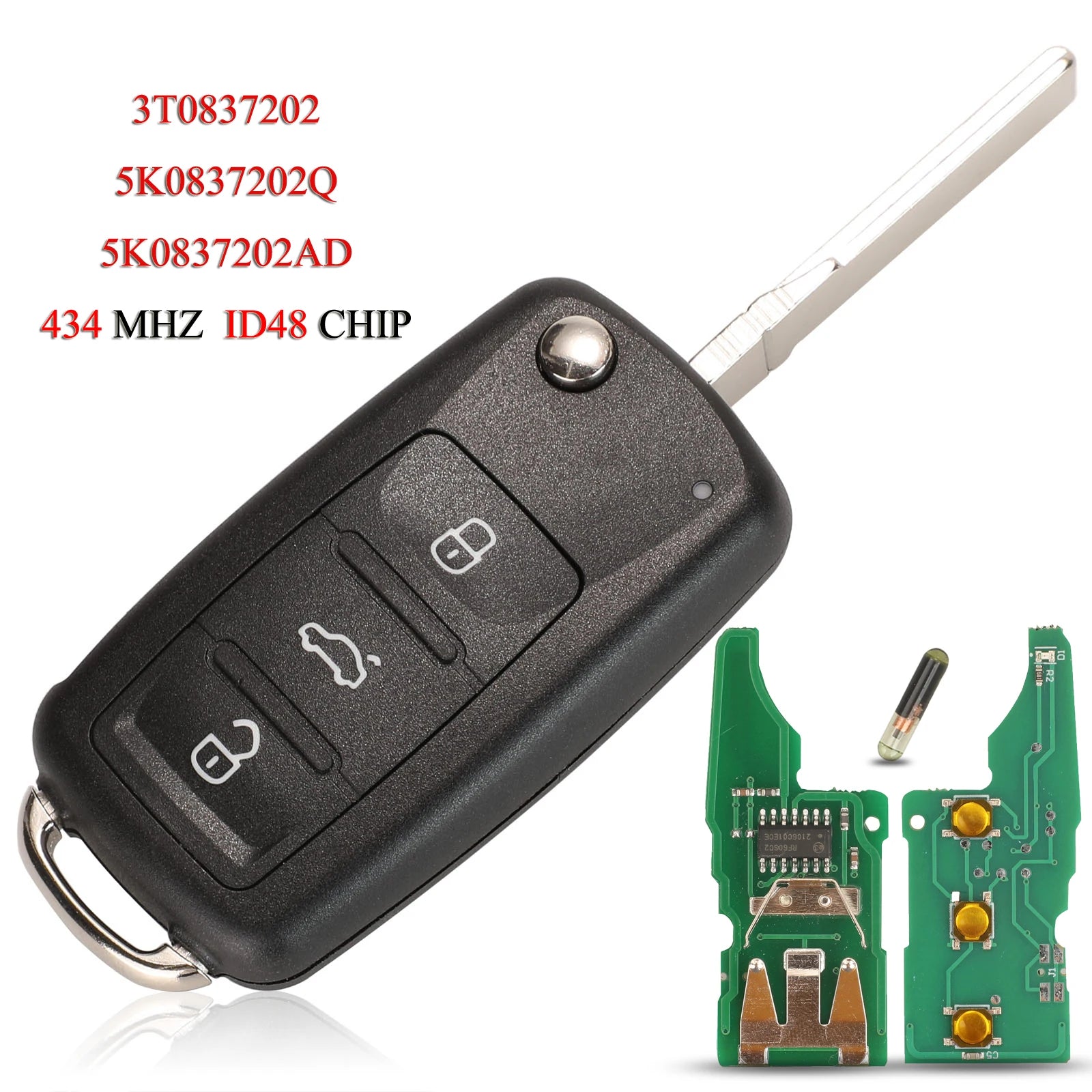 jingyuqin 3T0837202 5K0837202AD / 202Q Remote Car Key For VW Beetle Eos Golf 6 Jetta Tiguan Seat Skoda Fabia 434Mhz ID48 Chip