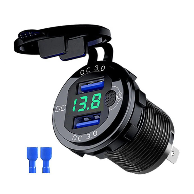 Quick Charger Aluminum QC3.0 Dual USB Car Charger with Switch Button LED Voltage Display for 12V/24V Cars Boats Motorcycle