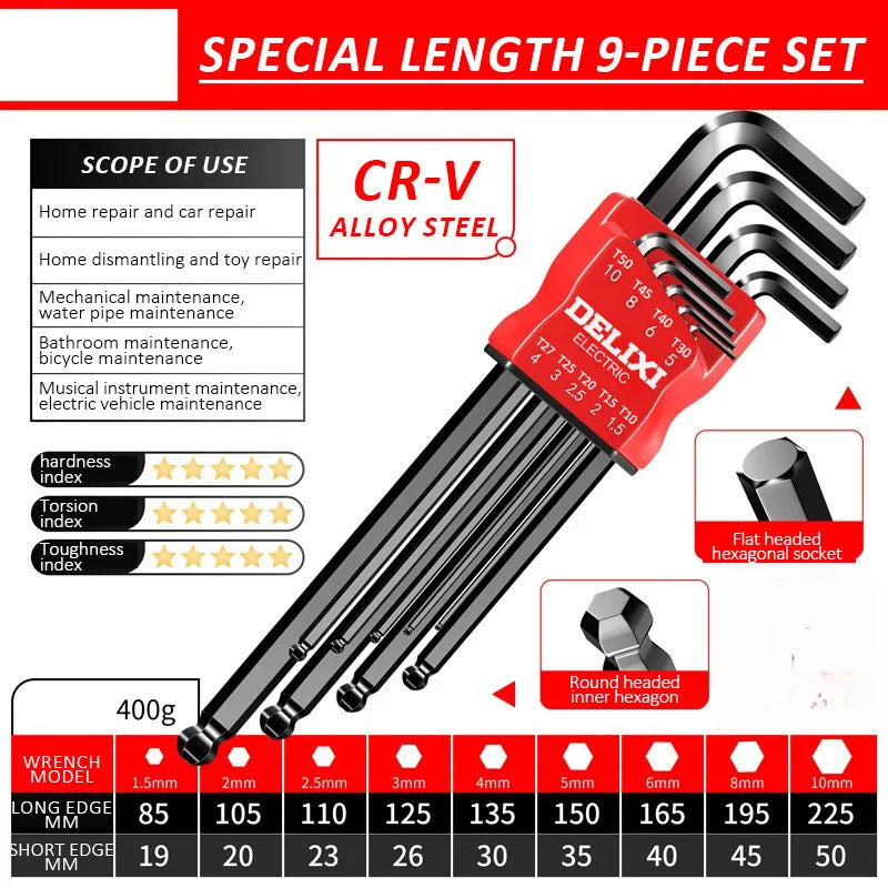 DELIXI ELECTRIC Allen Key Set，Allen Hex Wrench Screwdriver Set With Sleev Universal Torque Long Metric,for Motorcycles, Bicycles