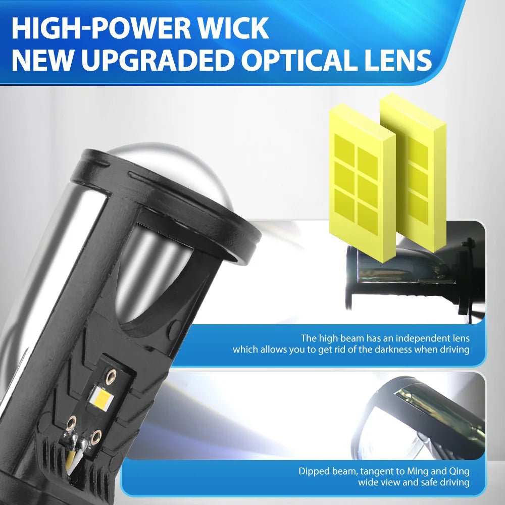 Y6D H4 LED Projector Headlight Bulbs Bi LED Lens Projector with Fan H4 Mini Projector Lens Headlight Automobile Hi Lo Beam Bulb