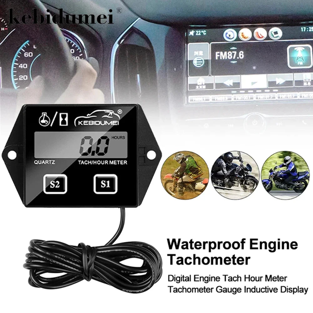 Kebidumei Motorcycle Tachometer IP65 Waterproof 0-20000 RPM Speed Gause Engine  LCD Display Working Time Meter Tach Hour Meter