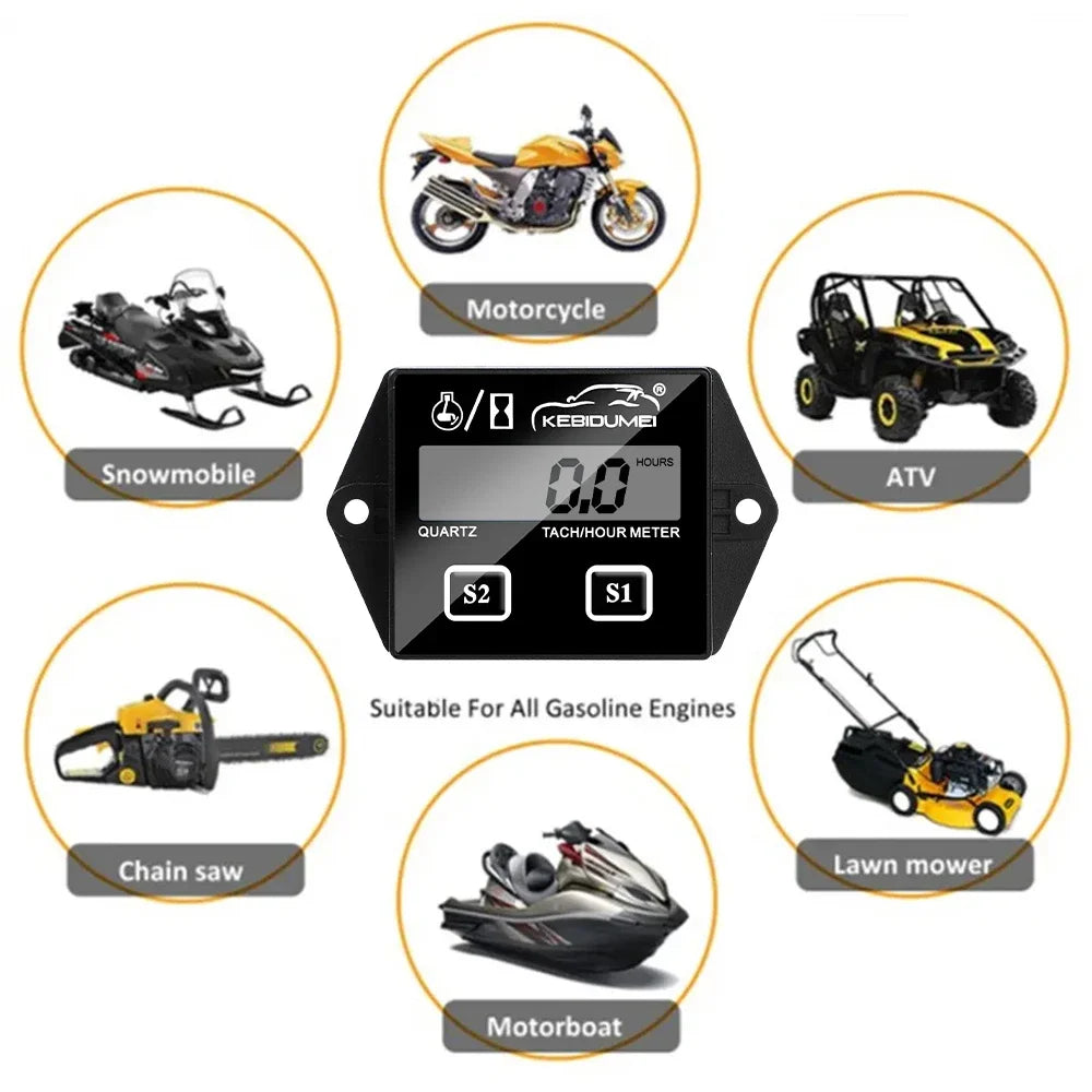 Kebidumei Motorcycle Tachometer IP65 Waterproof 0-20000 RPM Speed Gause Engine  LCD Display Working Time Meter Tach Hour Meter