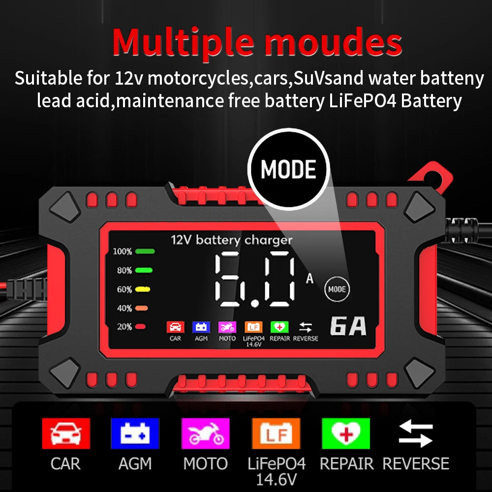 12V 6A Car Motorcycles Smart Battery Charger For Lifepo4 Lead Acid AGM GEL PB 14.6V 6A Battery Repair Digital Display EU Charger
