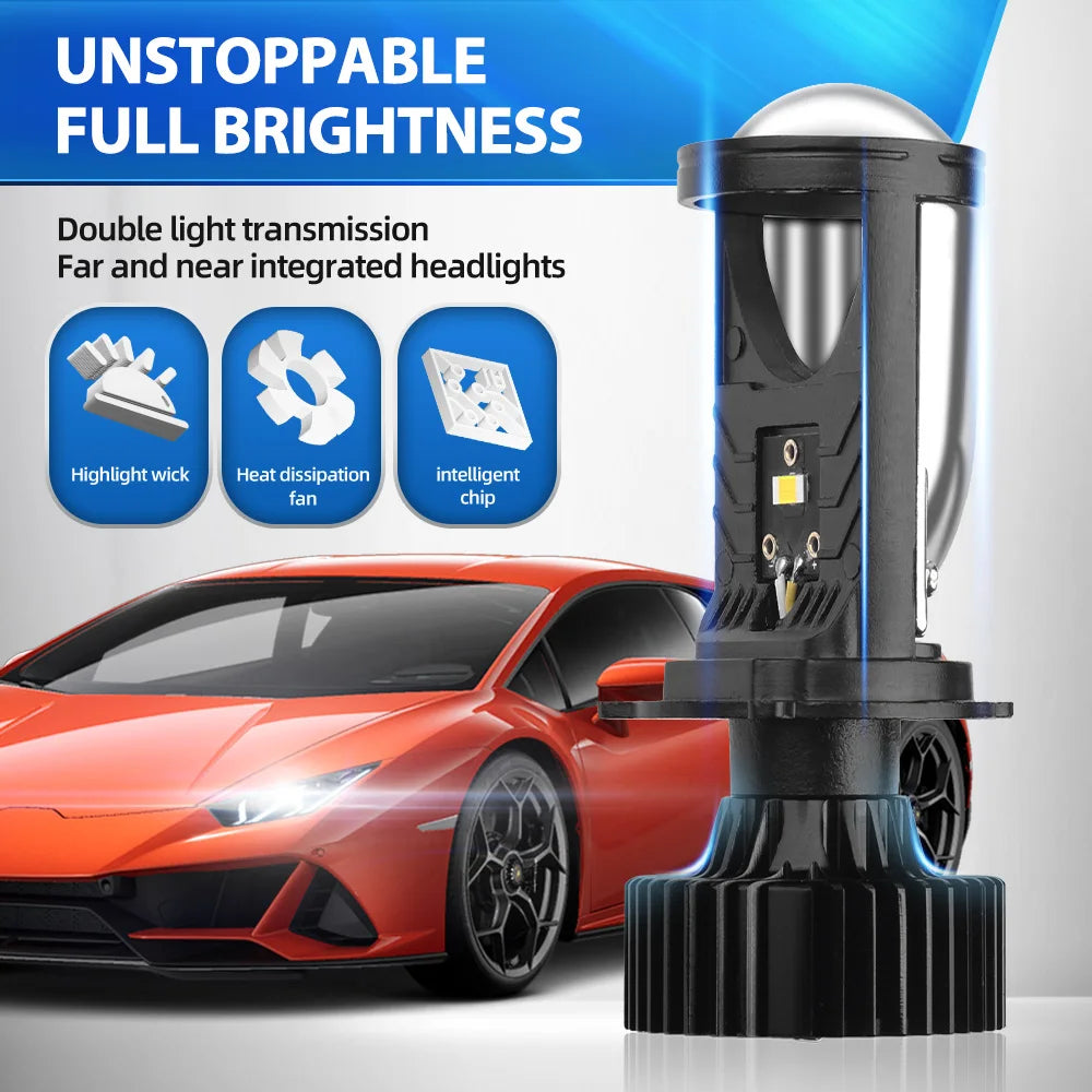 Y6D H4 LED Projector Headlight Bulbs Bi LED Lens Projector with Fan H4 Mini Projector Lens Headlight Automobile Hi Lo Beam Bulb