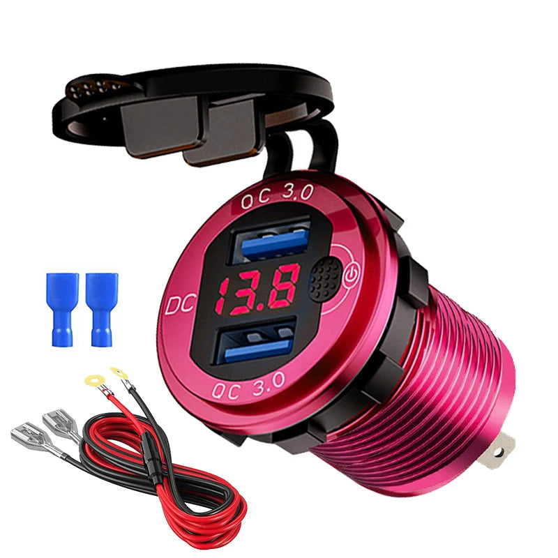 Quick Charger Aluminum QC3.0 Dual USB Car Charger with Switch Button LED Voltage Display for 12V/24V Cars Boats Motorcycle