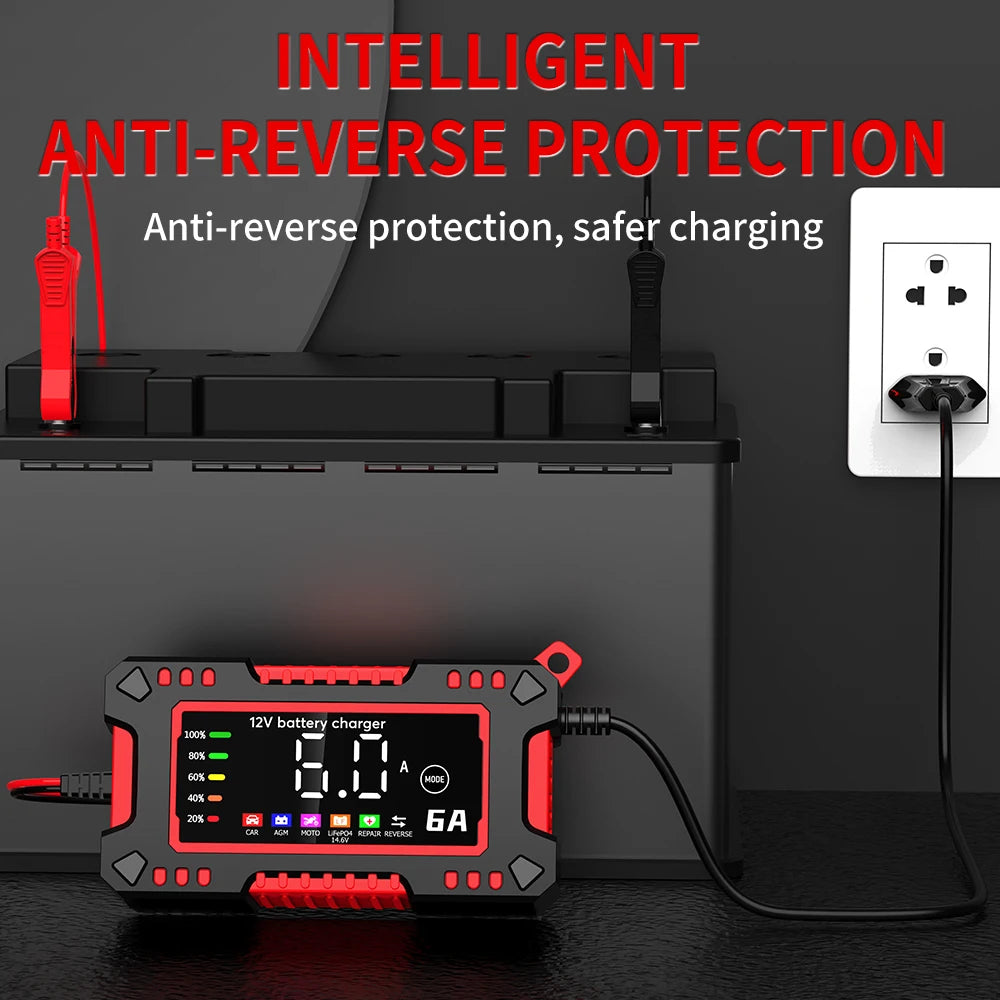12V 6A Car Motorcycles Smart Battery Charger For Lifepo4 Lead Acid AGM GEL PB 14.6V 6A Battery Repair Digital Display EU Charger