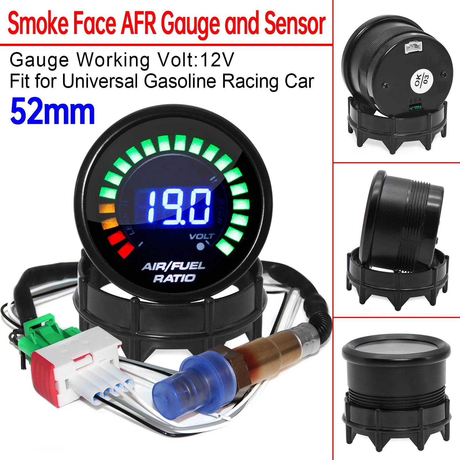 Digital 2"52mm Air Fuel Ratio Gauge AFR Display Narrowband O2 Oxygen Sensor 0258006028 Smoked Lens Car Gauge for Petrol Car 12V