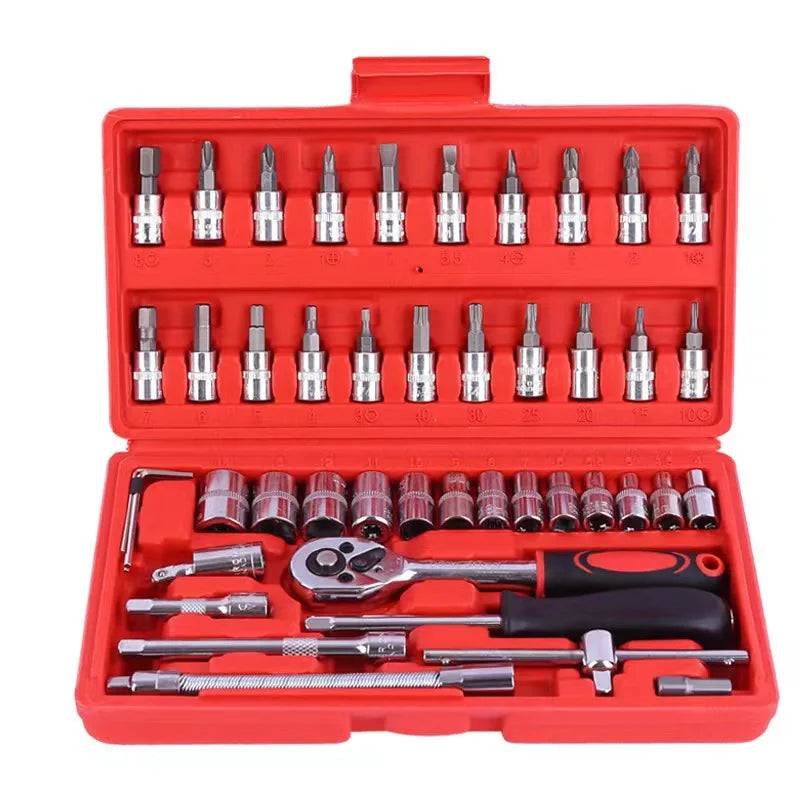 １Pc Krachtige 46pcs/set Carbon Steel Combination Set 1/4" Wrench Socket Spanner Screwdriver Household Motorcycle Car Repair Tool