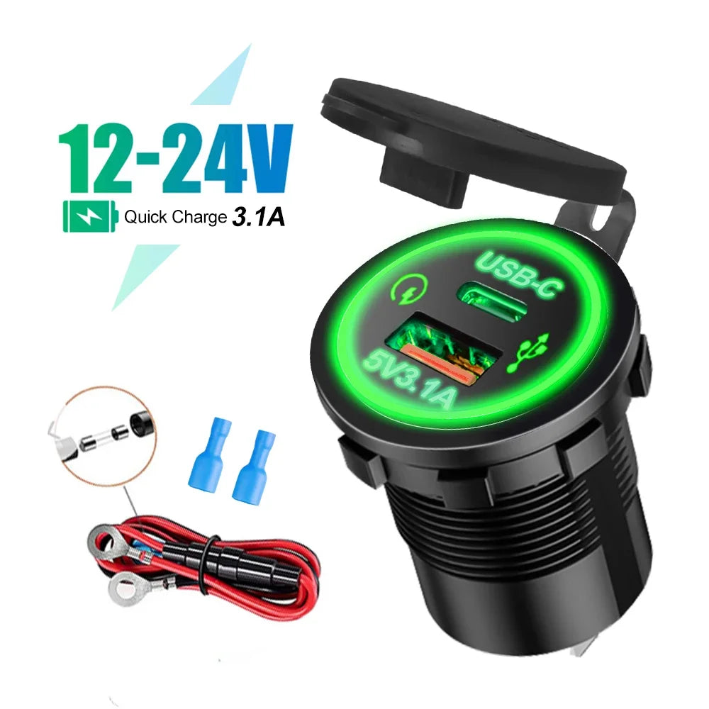 Universal Motorcycle Car Charger LED Light USB TYPE-C Charger Power Socket Cigarette Waterproof Light for Auto Truck ATV Boat
