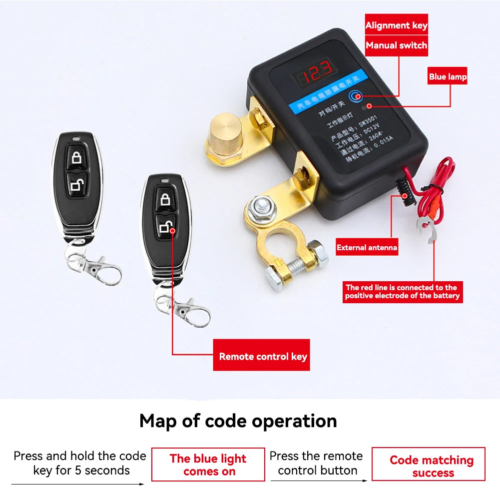 DC 12V Automatic Power Shut Off Switch Disconnect Switch 260A Remote Battery Cut Off Switch for Car SUV for Car Truck SUV