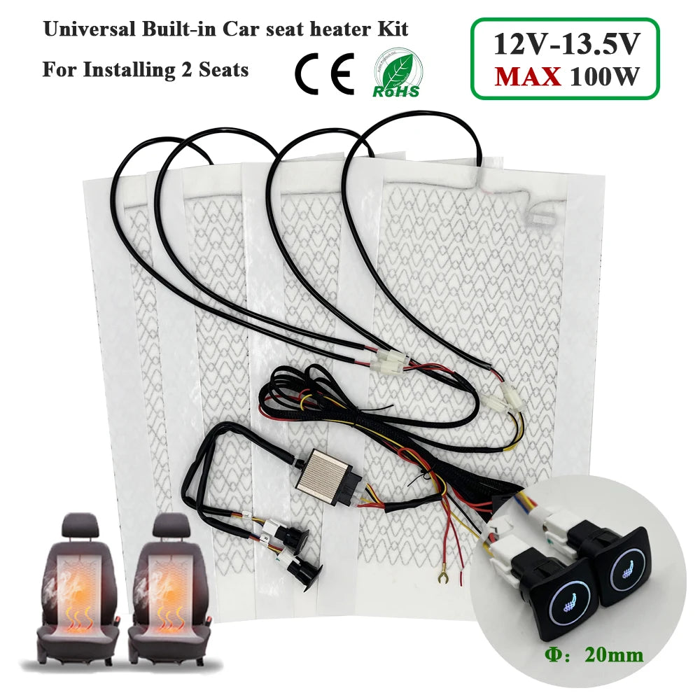 Universal Max 100W  Built-in Car Seat Heater Kit  Fit 2 Seats with 12V Carbon Fiber Heating Pads 3 Levels Control Switch System
