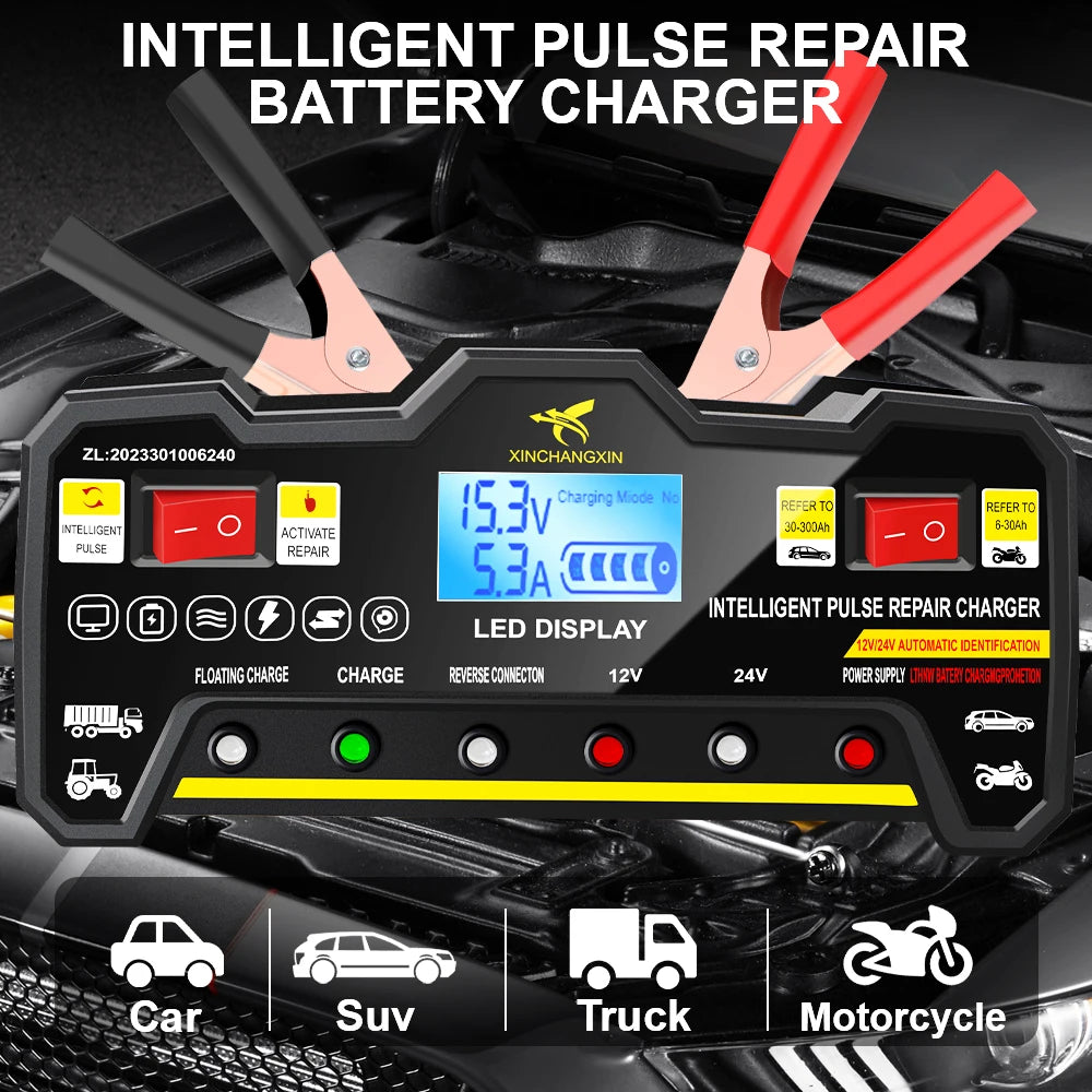 24V/12V 220W Car Battery Chargers Truck Battery Maintance Intelligent Pulse Repair For Lead Acid Battery Storage Cell Chargers