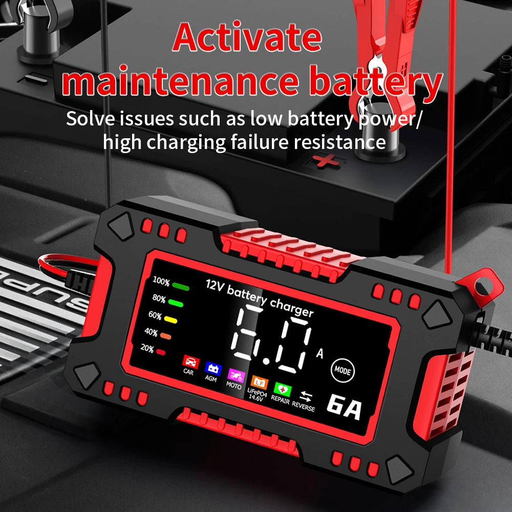 12V 6A Car Motorcycles Smart Battery Charger For Lifepo4 Lead Acid AGM GEL PB 14.6V 6A Battery Repair Digital Display EU Charger