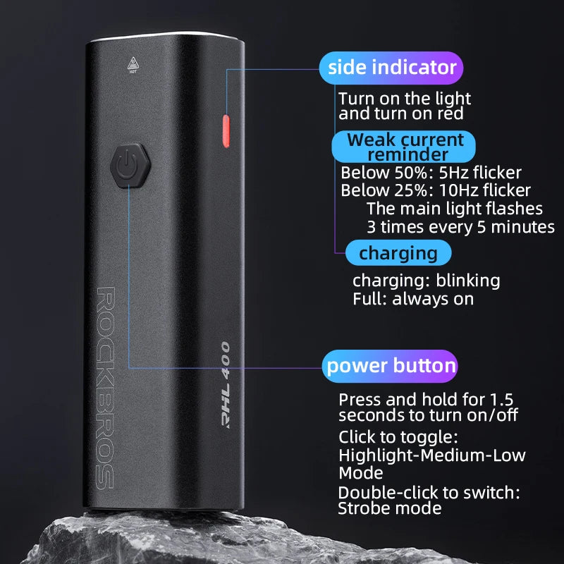 ROCKBROS 200LM 400LM Bike Light Type-C Charging LED Cycling Front Lamp Headlight Aluminum MTB Road Flashlight Bicycle Light