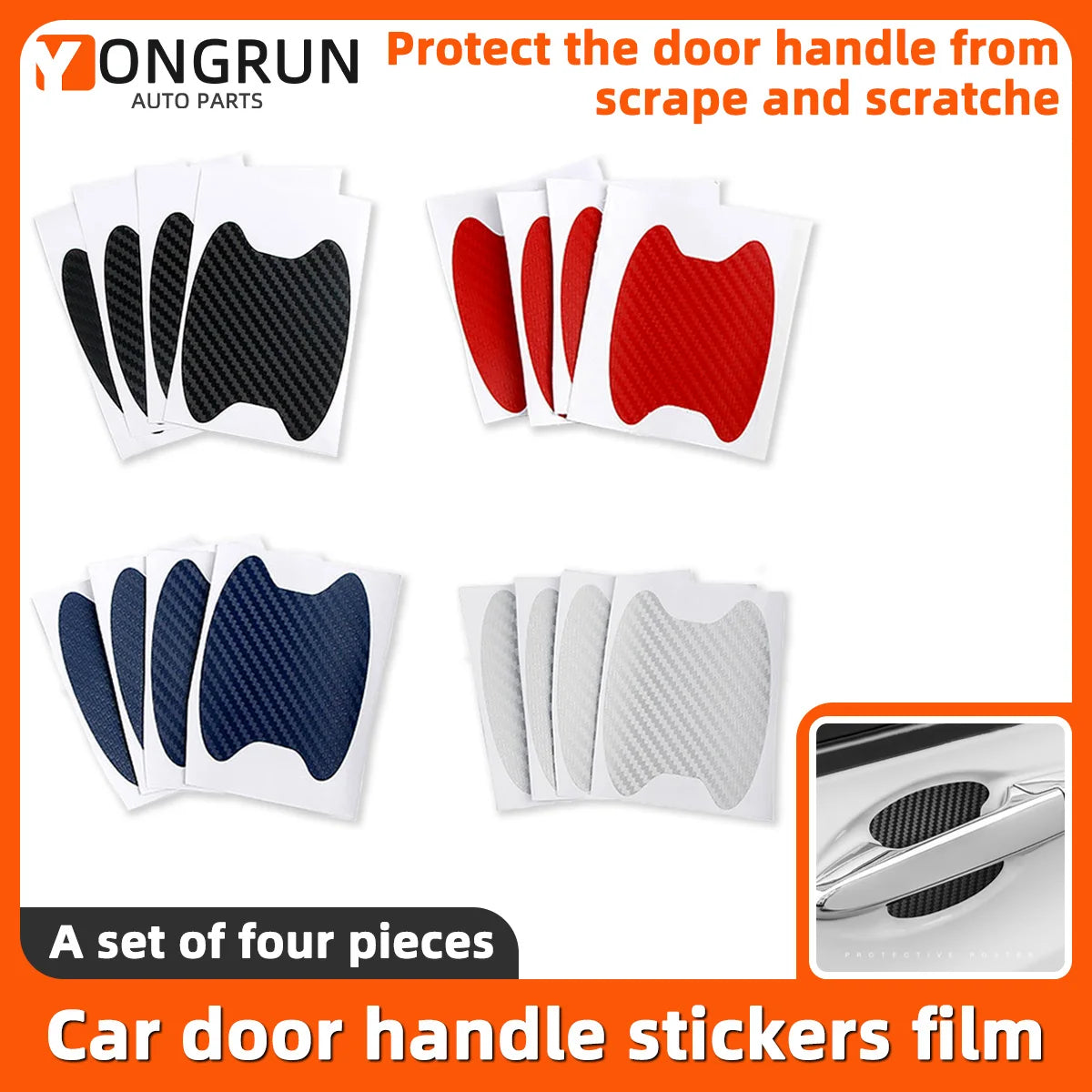 YONGRUN 4PCS Car Door Handle Scratch Resistant Sticker Carbon Fiber Texture Sticker Waterproof Protection Sticker Multi-Color