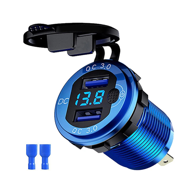 Quick Charger Aluminum QC3.0 Dual USB Car Charger with Switch Button LED Voltage Display for 12V/24V Cars Boats Motorcycle