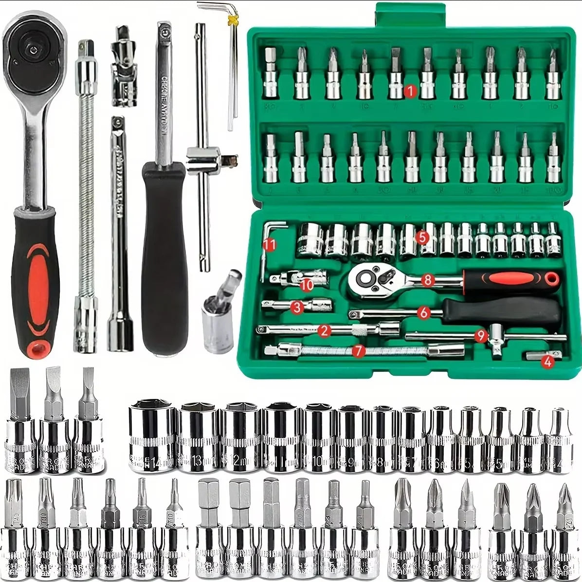 46pc Drive Socket Set 1/4 inch Ratchet Wrench Set Mechanic Tool Kits for Auto Repair Hous with Sockets Metric Hex Bit Socket Set