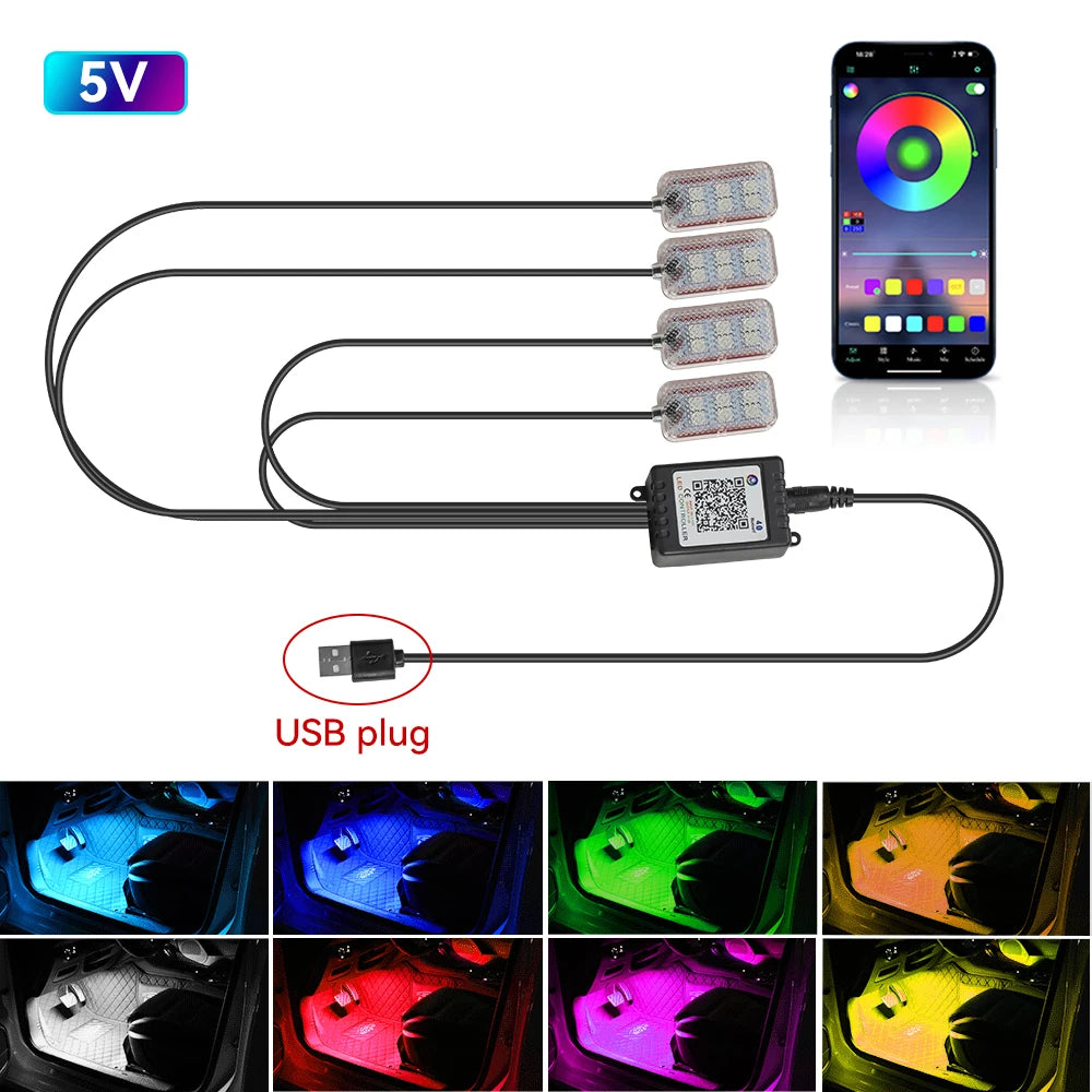 Car Interior Ambient Light RGB Foot Strip Lighting Kit Accessories Backlight Remote App Music Control Auto RGB Decorative Lamp