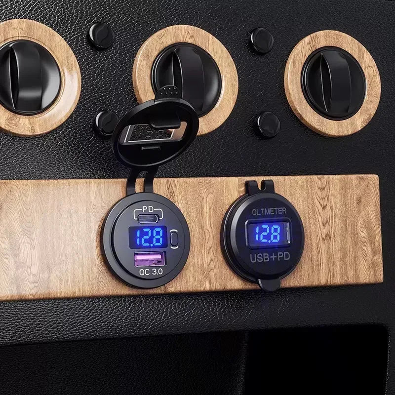 USB C Car Charger Socket 12V/24V Dual USB Socket PD3.0 and QC3.0 Car USB Port With LED Voltmeter and On/Off Switch