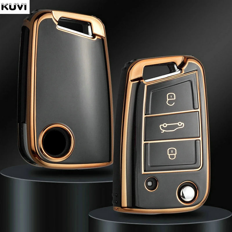Kuvi TPU Car Flip Key Case Cover Shell Fob For VW Volkswagen Golf 7 MK7 Tiguan MK2 SEAT Ateca Leon FR 2 Ibiza Skoda Octavia A7
