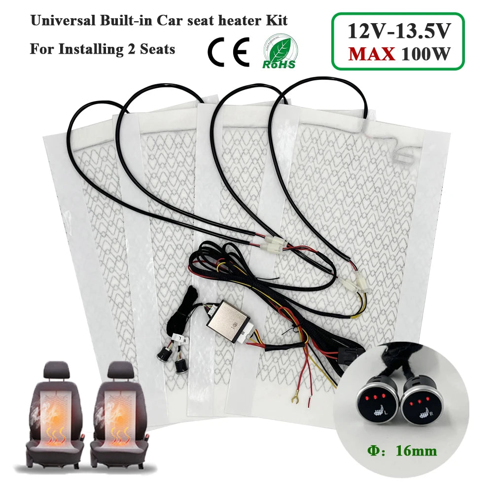 Universal Max 100W  Built-in Car Seat Heater Kit  Fit 2 Seats with 12V Carbon Fiber Heating Pads 3 Levels Control Switch System