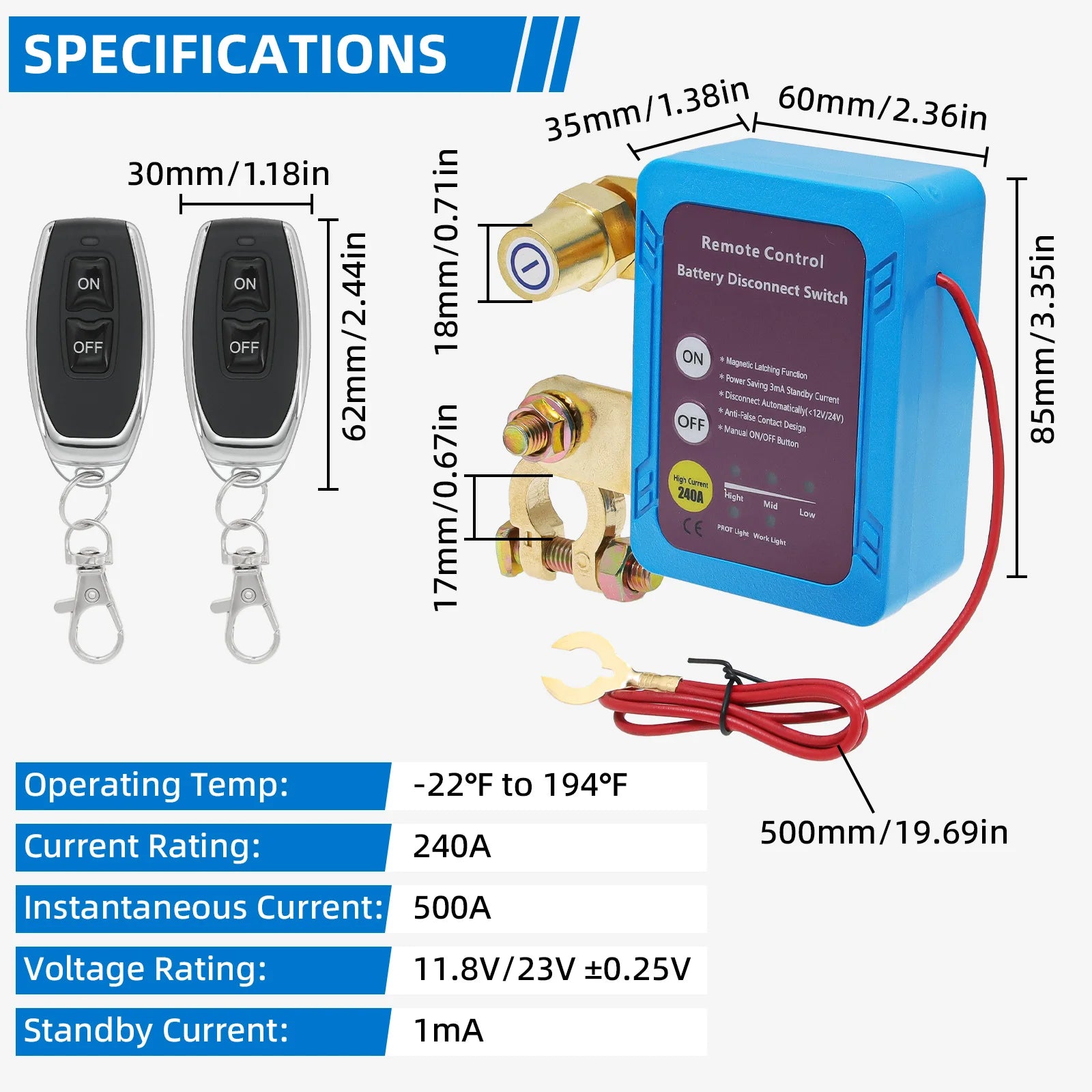 12V Battery Master Disconnect Switch, Battery Master Switch with Remote, Heavy Duty Car Battery Kill Switch with Remote Control
