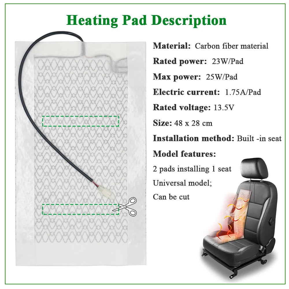 Universal Max 100W  Built-in Car Seat Heater Kit  Fit 2 Seats with 12V Carbon Fiber Heating Pads 3 Levels Control Switch System