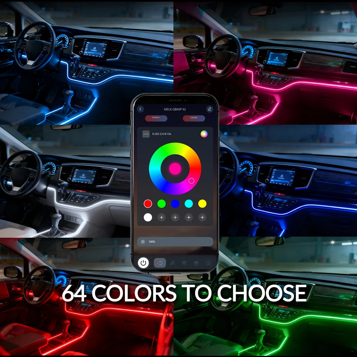 18 in 1 Car RGB Ambient Light Kit 64 Color Music APP Dynamic Streamer LED Interior Hidden Acrylic Neon Strip Car Interior Light